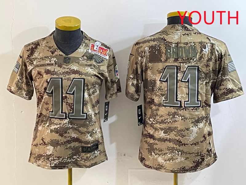 Youth Philadelphia Eagles 11 Brown Camo Nike 2025 Salute to Service Limited NFL Jersey style 2